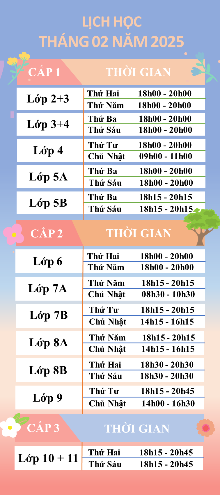 Lịch học tháng 02 năm 2025